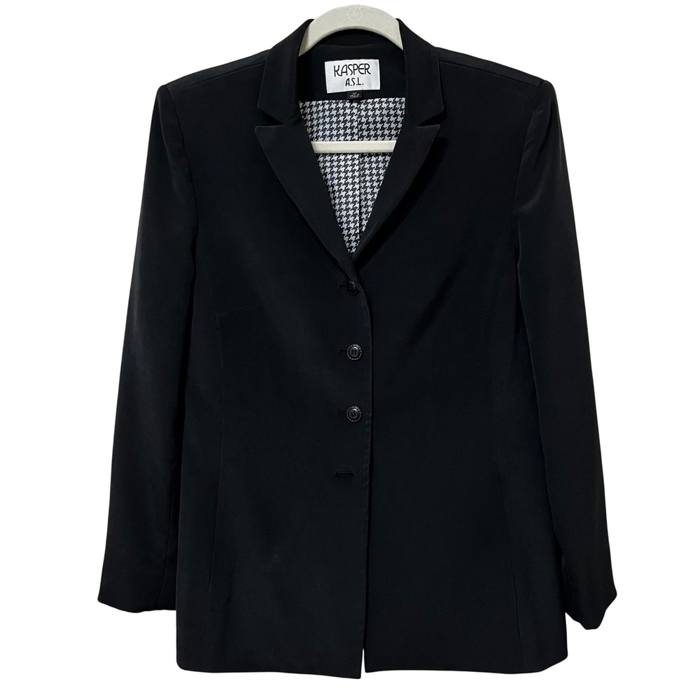 Kasper ASL Black 100% Silk Blazer Houndstooth Lining Professional Jacket Size 10